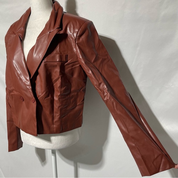 New Area Stars Faux Leather Double Breasted Cropped Jacket Brown Size Large - Picture 7 of 16